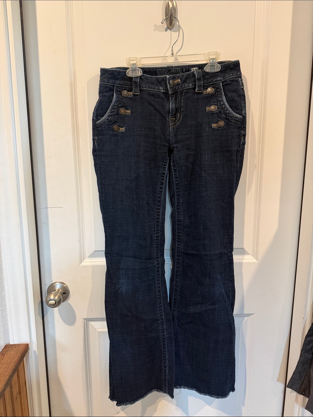 Miss Me Dark Blue Flared Jeans with Button Accent